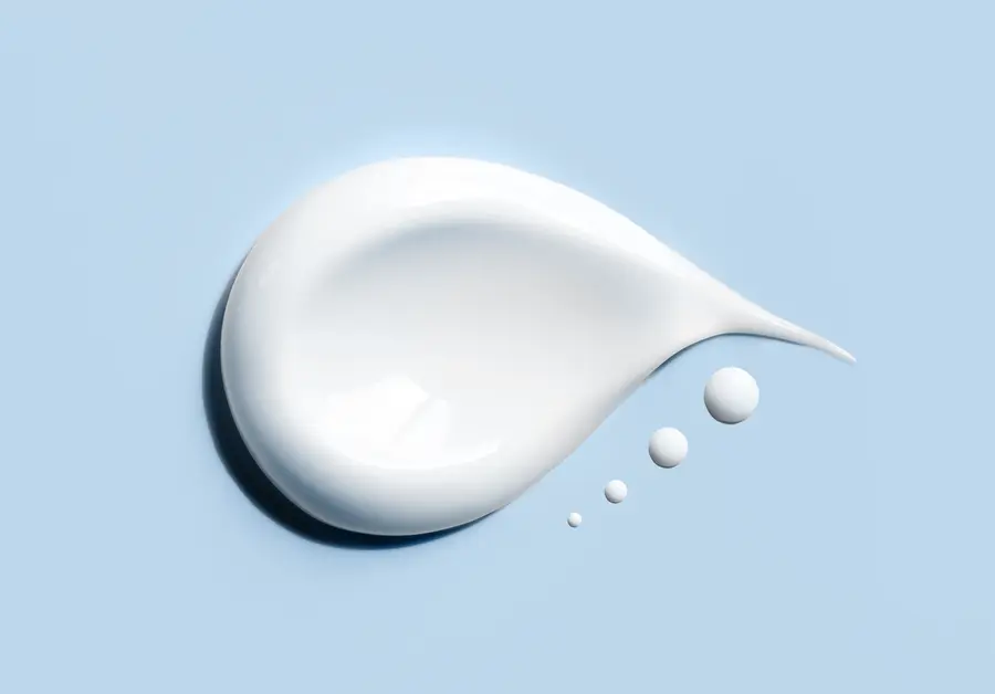 A smooth white cosmetic texture and small droplets on a pale blue background.